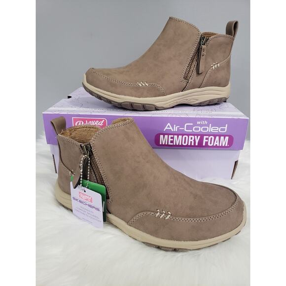 NEW‎ Skechers Women's Vegan Reggae Fest 2.0 Zip On By Ankle Boots Size 6.5 Taupe - Picture 1 of 7